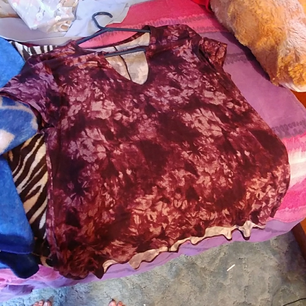 Red Tie-Dye shirt with v cut out.